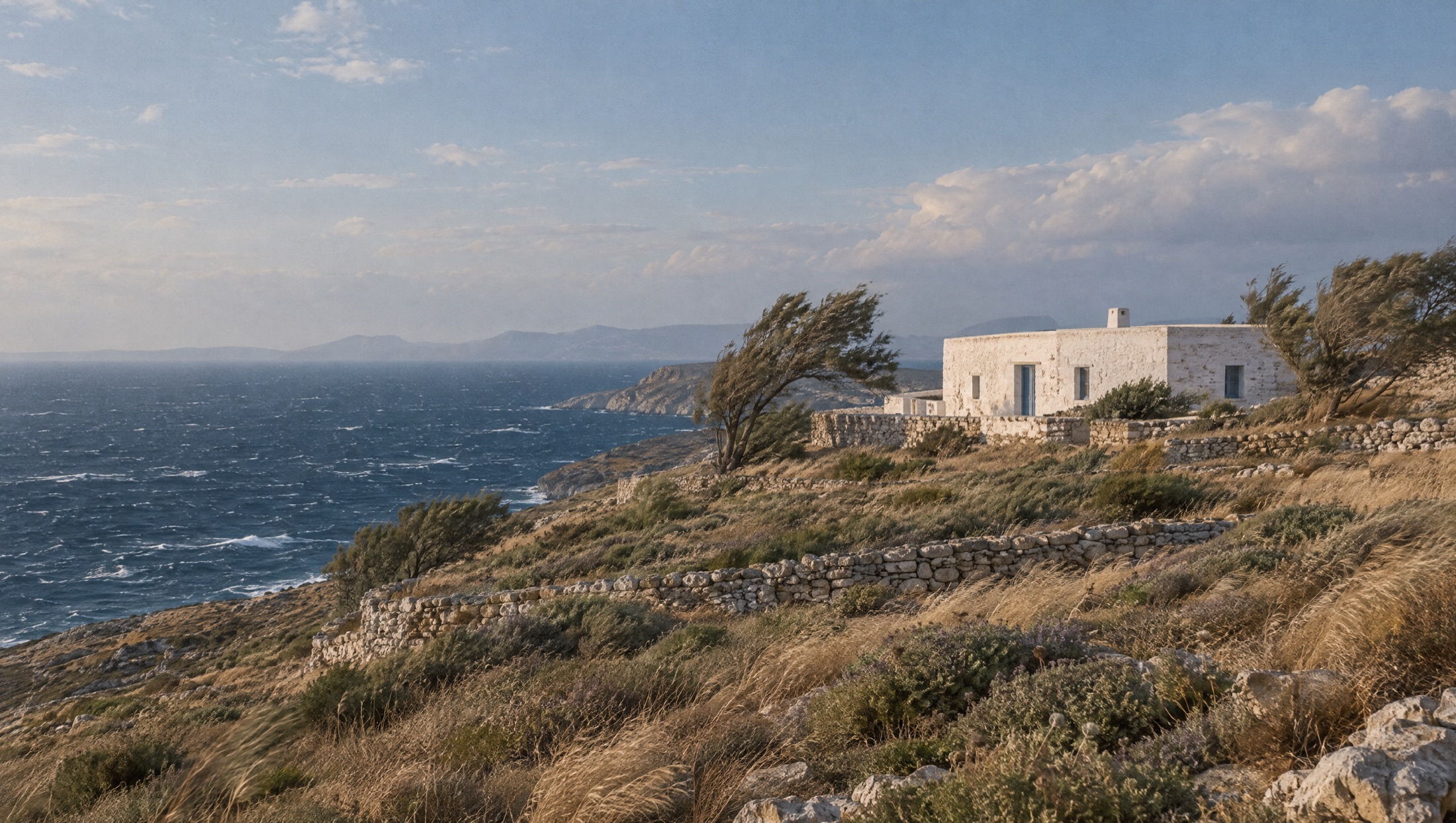 Χαμηλό ασβεστωμένο πέτρινο σπίτι σε πεζούλες πάνω από ένα ανεμοδαρμένο Αιγαίο