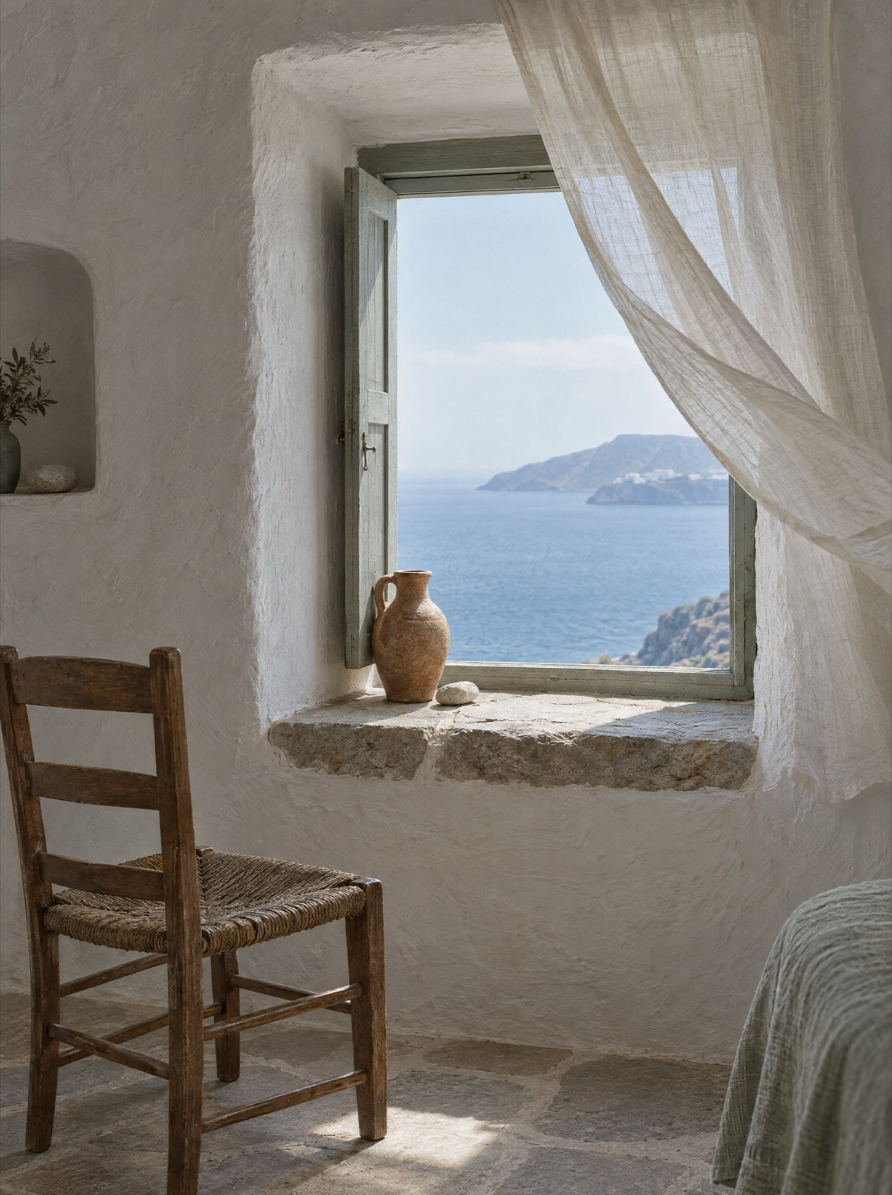 Ασβεστωμένο δωμάτιο με βαθύ παράθυρο, λινή κουρτίνα που τη σηκώνει ο αέρας και τη θάλασσα απέξω