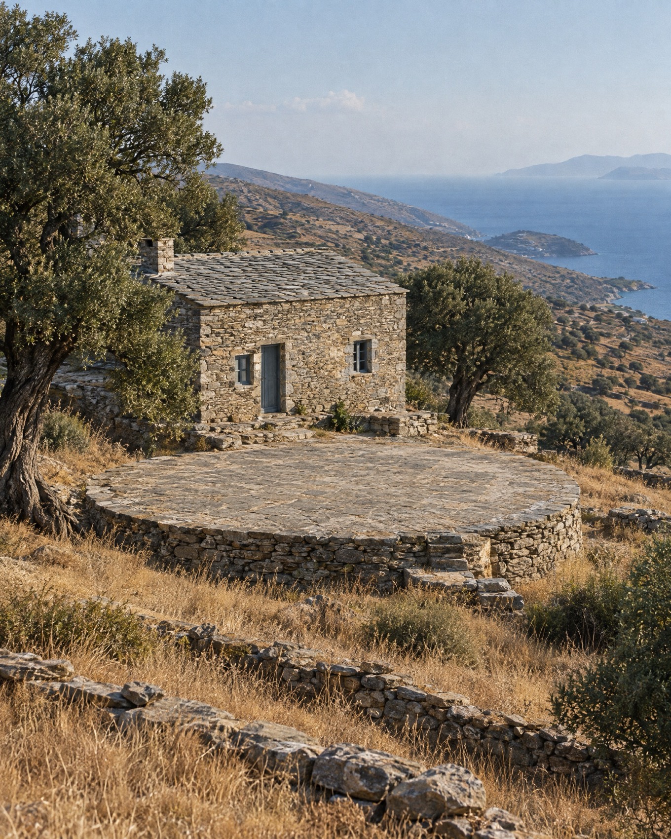 Παλιά πέτρινη αγροικία με κυκλικό αλώνι ανάμεσα σε βελανιδιές και ξερά χόρτα, Κέα