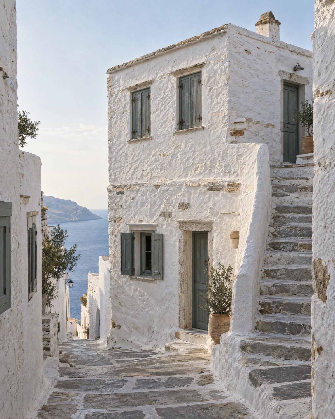 Ασβεστωμένο σοκάκι με μαρμάρινα σκαλιά και γκριζοπράσινα παντζούρια μέσα στο Κάστρο της Σίφνου